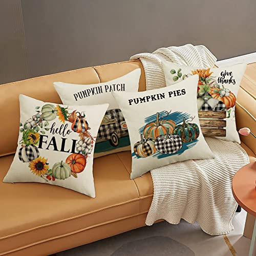 Fall Throw Pillow Covers Set Of 4 18X18 Inch, Home Decor Farmhouse Pillowcase Linen Autumn Thanksgiving Pumkin Truck Decorations Cushion Case For Couch Sofa Chair #TOP4
