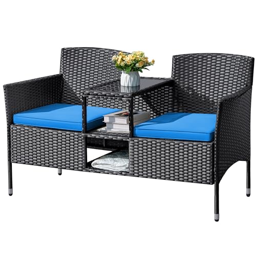 Flamaker Outdoor Furniture Patio Loveseat Wicker 2-Seat Porch Chairs Blue