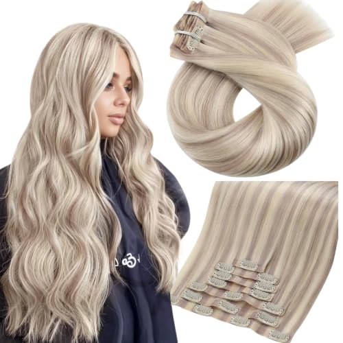 Moresoo smooth Clip in Hair Extensions Human Hair Ash Blonde 18 inch
