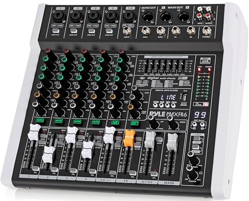Image of Pyle 6 Channel Professional DJ Mixer Controller - 7-Band Graphic EQ, 99 DSP Effects, Bluetooth, USB Recording, +48V Phantom Power, XLR Inputs, Low Cut Filters, Faders - PMXFR6