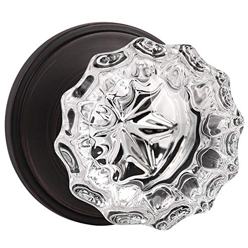 Knobelite (1 Pack Diamond Crystal Glass Interior Door Knobs Non-Locking,Dummy Door Knobs For French Doors,Round Crystal Glass Keyless Door Knobs Interior,Dummy Function, Oil Rubbed Bronze #TOP5
