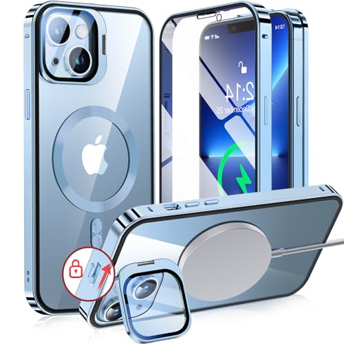 【カメラレンズ保護・スタンド一体】NIANGUO iPhone13 mini 用 カバー MagSafe対応 クリア 両面 【ロック付き・アクションボタン】 隠しカメラスタンド アイホン13ミニケース 9H強化ガラス メタルフレーム ストラップホール付き