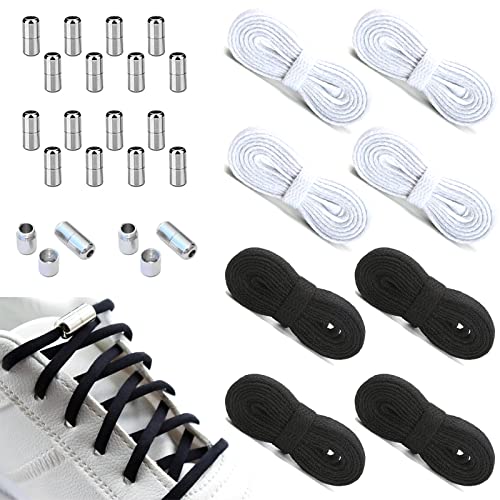 SacJkt 8 Paires Lacets Plats Sans Nœuds Pour Adultes Enfants, Lacets à Boucle Universel, Réglable, Très Résistant à La Déchirure (Noir, Blanc, Argent, 100 CM) Cover