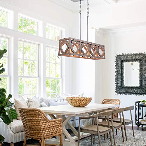 Farmhouse Chandelier Rectangle Wood Kitchen Island Pendant Lighting 4-Light Industrial Linear Chandelier Fixture for Dining Living Room Foyer by VILUXY - Image 3