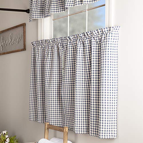 Piper Classics Doylestown Blue Gingham Check Tier Curtains, Set Of 2, 36" Long, Blue & Cream Checks, Vintage Farmhouse, Country Cottage Café Curtains #TOP3