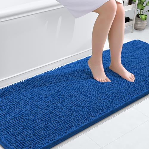 Image of OLANLY Bathroom Runner Rugs 70x24, Soft Absorbent Chenille Bath Rugs, Rubber Backing Quick Dry, Machine Washable Long Bath Mats for Bathroom, Tub and Shower, Home Decor Accessories, Deep Navy Blue