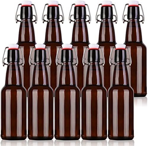 KITGLASCUP Amber Beer Bottles with Flip Caps, 12oz 10 Pack Glass Bottle with Swinging Top for Airtight Lids, Home Brewing and Fermentation Kombucha, Vanilla Extract, Beverage, Water, Kefir