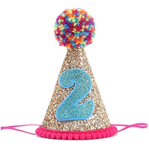 Baby's Cone Hat - Colored Fur Balls Glitter Birthday Crown for 2nd Birthday Party Decor, Baby Girls/Boys Cover