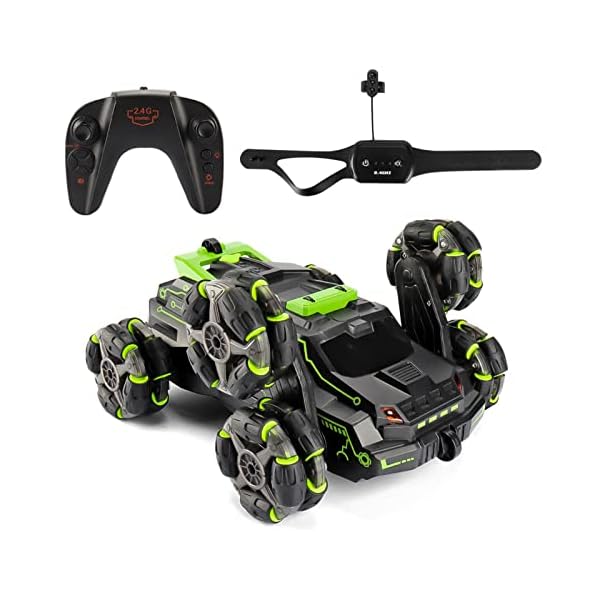 KKnoon Ferngesteuertes Auto RC Stunt Car 2.4GHz 4WD 360° Double Sided Rolling Rotating Vehicles mit Spray Music Light 2 Control Mode Grün