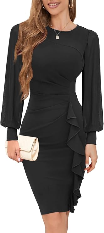 Long Sheer Sleeve Ruched Sheath Dress