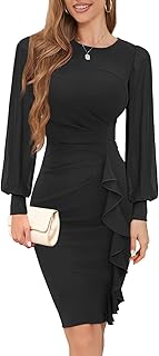 2025 Women's Long Sheer Sleeve Ruched Sheath Bodycon Cocktail Party Work Dress