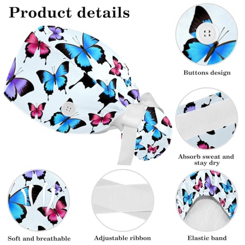 Image of Colored Butterflies Scrub Caps Women, Adjustable Working Cap with Button, Surgical Caps with Bow Hair Scrunchy