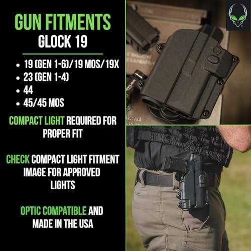 Alien Gear Rapid Force Level 2 Holster – Locking Belt Slide – Glock 19/19X/19 MOS/23 Gen 1–4/44/45/45 MOS – Matte Black – Right Hand – Compact Light & Optic Compatible