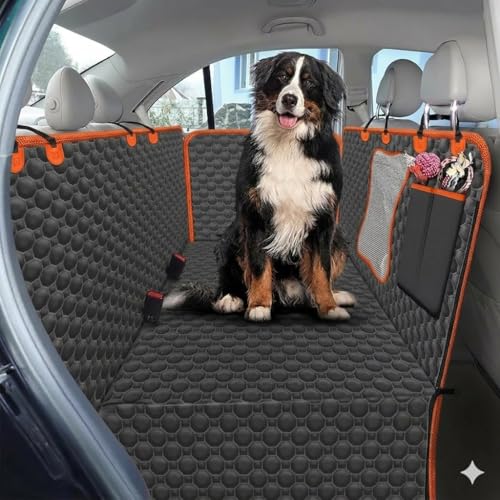 Image of Dog Car Seat Cover -Scratchproof Protector -Waterproof Backseat Cover for Cars -Nonslip Dog Accessories with Mesh Window-Universal Fit for Cars, Trucks, SUVs (Orange, Flat Bone Mesh Car Seat Cover)