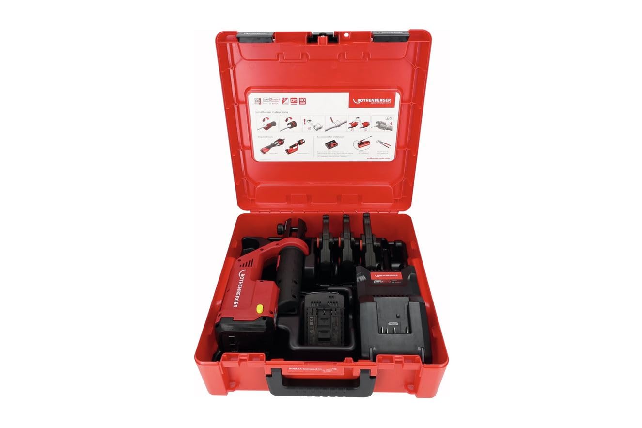 ROTHENBERGER ROMAX Compact III Set AMPShare, RFz, 16-20-25 mm, batería de 2 Ah, 1000004293 | Prensadora de prensado, ajuste de prensado, contorno RFz, 16-20-25 mm, 35 mm de metal, 40 mm de plástico