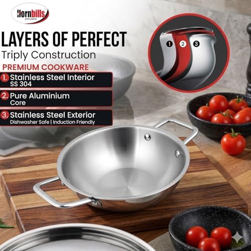 Image of HORNBILLS Triply Stainless Steel Kadai /Kadhai Without Lid - 3.2 L, 26 cm | 2.5mm Thick Base, Even Heating No Hotspot, Less Oil Healthy Cooking, Heavy Bottom Induction Cookware Kadhai for Cooking