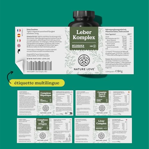 NATURE LOVE® Complexe Foie - 120 gélules - avec chardon-marie, choline, extrait d'artichaut, curcuma & zinc - hautement dosé, végétalien, testé en laboratoire et produit en Allemagne – vue 6