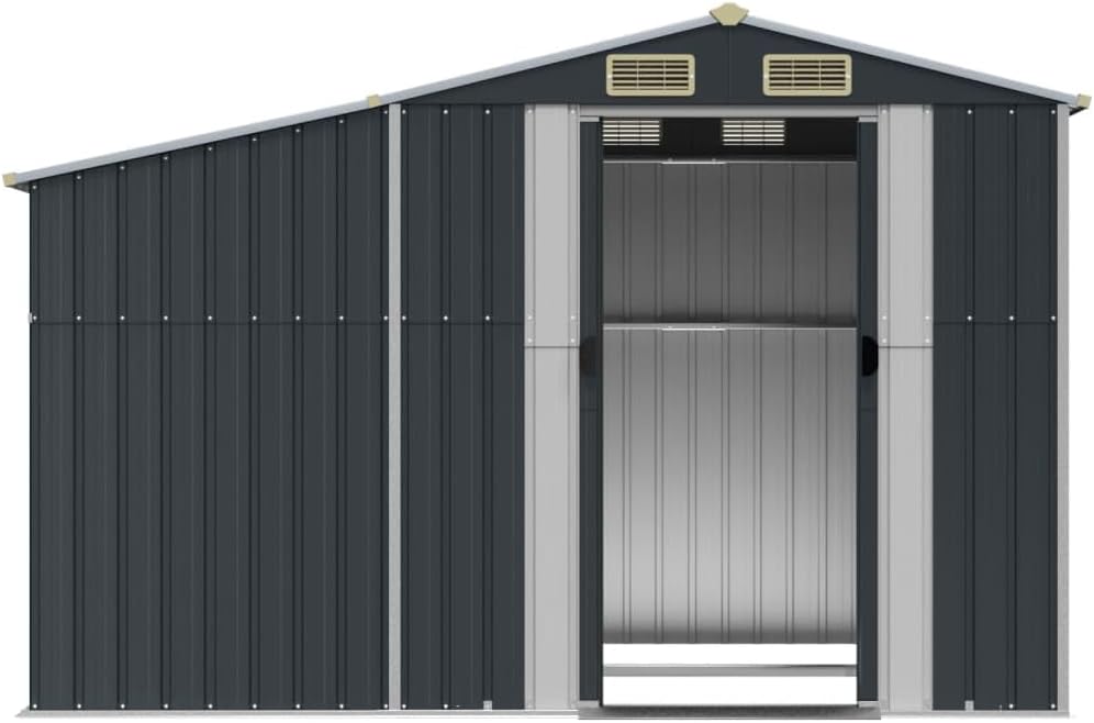 Front view of the anthracite vidaXL garden shed with one of its double doors partially open, revealing the interior.
