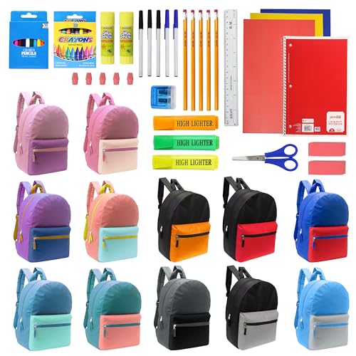Moda West 17 Inch Bulk Backpacks with 50 Piece School Supply Kit - Case of 12 Wholesale Backpacks in Assorted Colors 6 Boy 6 Girl