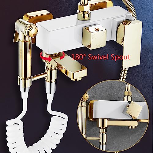 Robinet de baignoire avec douchette à main 2 fonctions blanc or