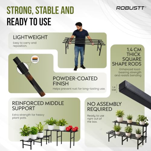 Image of Robustt 2 Tier Metal Plant Stand | Heavy-Duty Plant Rack with Powder-Coated Metal Frame | Stable 6-Leg Design | Supports Up to 300 kg | Convertible Plant Stand for Balcony, Garden & Office