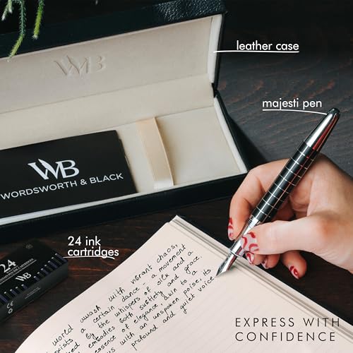 Image of Wordsworth & Black Majesti Fountain Pen Set for Writing, Fine Nib | Checked, Gift for Men Women, Chrome Finish, 18K German Iridium, Calligraphy, Converter + 24 Ink Cartridges, Refillable