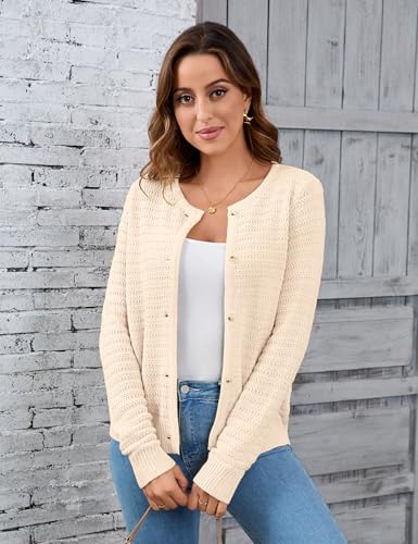 Image of Women's Button Down Cardigan Sweater Causal Open Front Long Sleeve Crewneck Knit Outwear for Women