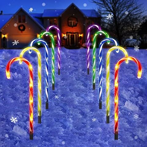 Candy Cane Outdoor Christmas Lights - 10 Pack 60 LEDs 21in Lighted Landscape Path Lights String with Memory Function 8 Flashing Modes End-to-End Plug in Waterproof Outside Xmas Decorations - Colorful Cover
