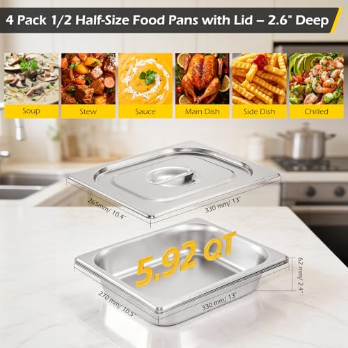 Image of Dyna-Living Hotel Pans with Lids 4 Pack 1 /2 Half Size Steam Table Pans | 2.5 Inch Deep Stainless Steel Food Containers, 5.92 QT Commercial Metal Food Pans for Catering Buffet, Easy Clean, Oven Safe
