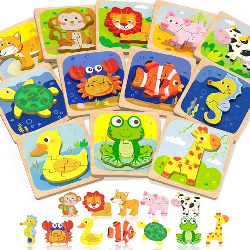 Image of Benresive Wooden Toddler Puzzles, 12pcs Animal Montessori Toys for 1-3 Year Old Boys & Girls, Learning Educational Preschool Toys, Great Easter Basket Stuffers Gifts for 1 2 3 Year Olds