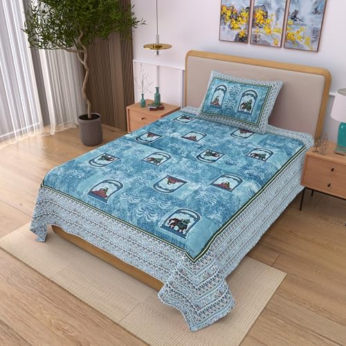 Image of 100% Cotton Single Bedsheet with 1 Pillow Cover | 240 TC Pure Cotton Flat Bed Sheet | Traditional Jaipuri Printed Bedding Set | Soft & Breathable | 60 x 90 Inch (Rangmahal Single 57)