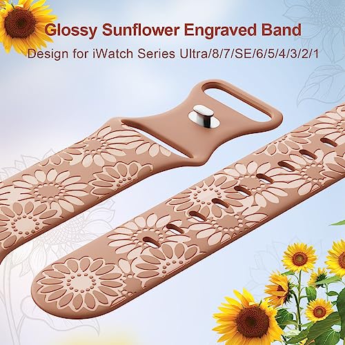 Image of Sunflower Engraved Band Compatible with Apple Watch Bands 38mm 40mm 41mm 42mm 44mm 45mm 49mm Women, Designer Soft Glossy Floral Silicone Strap for iWatch Series Ultra 11 10 9 8 7 6 SE 5 4 3 2 1