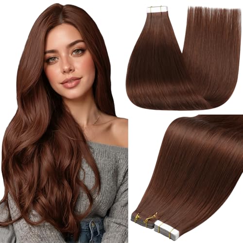 Image of Full Shine Remy Tape in Extensions Real Human Hair Color 34 Cinnamon Mocha Tape in Hair Extensions Human Hair 18Inch Seamless Blend 50G 20Pcs Invisible Tape Extensions for Women Daily Styling