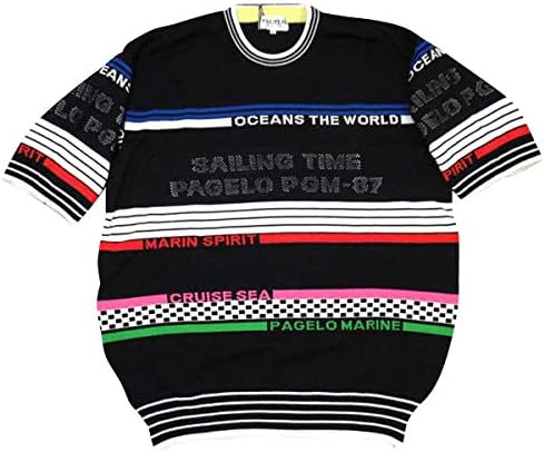 Amazon パジェロ 半袖クルーネック セーター ニット 綿アクリル ジャガード ロゴ英文字柄 黒マルチボーダー メンズ L セーター 通販