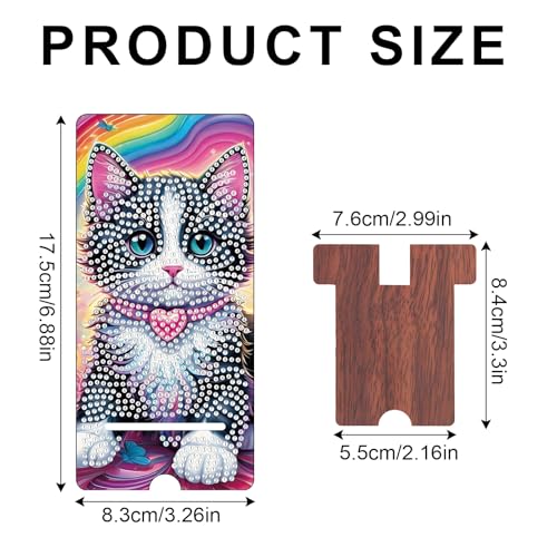 Image of Cute Cat Diamond Painting Phone Stand with Mirror, DIY Wooden Diamond Art Desktop Holder, 2-in-1 Multi-Functional Diamond Painting Tabletop Ornament for Home and Office