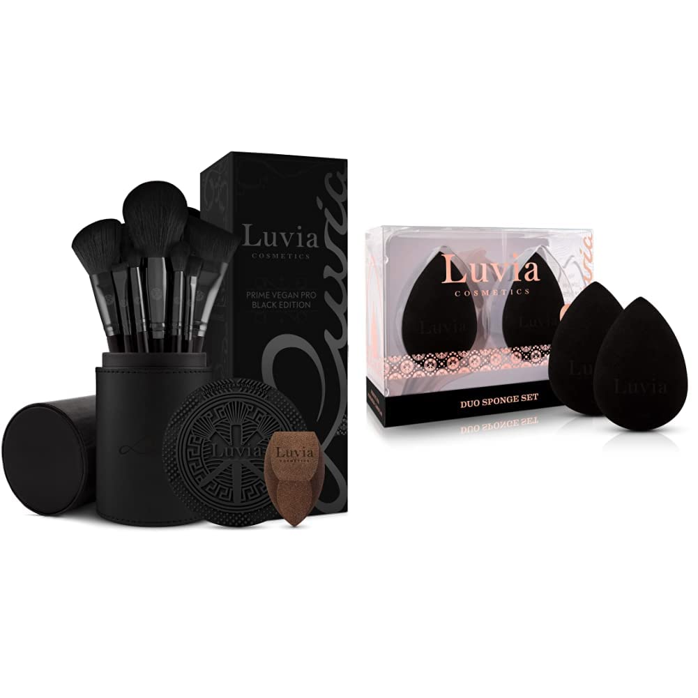 Make-up Pinselset Luvia, Prime Vegan Pro - Black & Luvia Beauty Blender Schwamm Set - Make-Up Ei - Extra Softer Blending Sponge - Kosmetik Applikator Schwämmchen