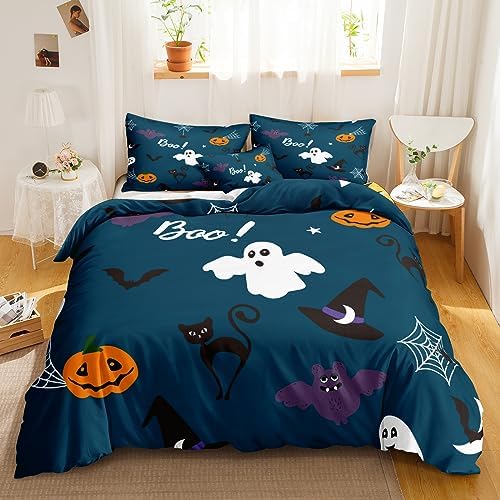 Cartoon Halloween Bedding Queen Size 3 Pieces Blue Halloween Duvet Cover Set Cute Pumpkin Ghost Pattern Design Cartoon Kids Spooky Halloween Bedding Sets (Queen, Blue Halloween)