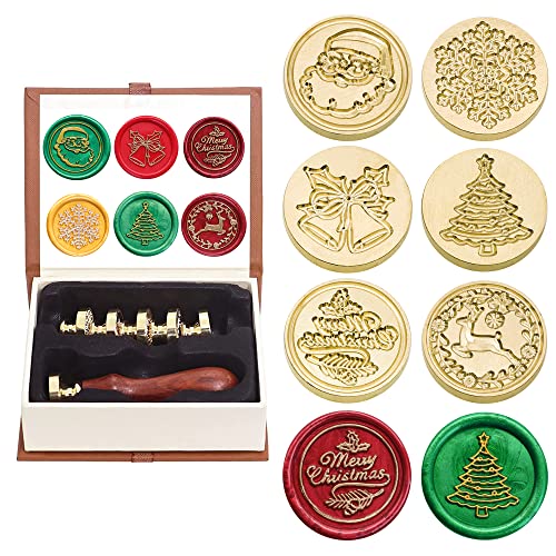 SWANGSA Wax Seal Stamp Set Vintage 6 Pieces Christmas Sealing Wax Stamp Heads with 1 Wooden Handle for Christmas Gifts Party Invitations Cards (Christmas Set)
