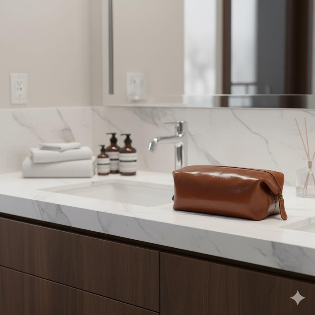 Elegante Beauty Case in Pelle Marrone, Necessaire da Viaggio in Vera Pelle Pieno Fiore, Custodia per Toiletry con Cerniera e Fodera Interna, Fatto a Mano