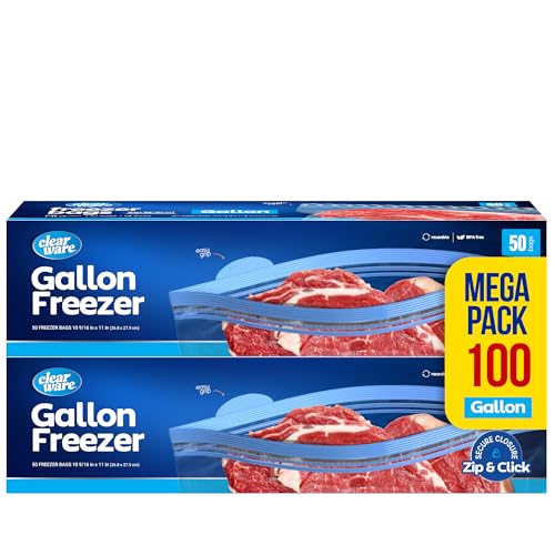Gallon Freezer Bags Double Zipper Seal - 100 Count Thick Resealable Plastic storage Bags - Reusable Gallon Storage Bags for Food Storage Meat Vegetables Fruit - Microwave-Safe Zero BPA - 2 Boxes