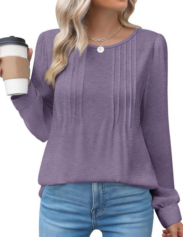 Misakia Women's Long Sleeve Shirts Fall Tops Dressy Casual Loose Puff Sleeve Tops Pleated Tunic - Crew Neck & V-Neck T-Shirts