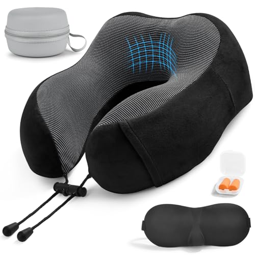 RUACDIQ Almohada de Viaje Cuello, Cojin Cervical Viaje Viscoelástica de Espuma Memoria con Máscara de Ojos, Tapones y Bolsa, Ajustable y Compacta, para Oficina Avión Tren Coche Viajando(Negro)