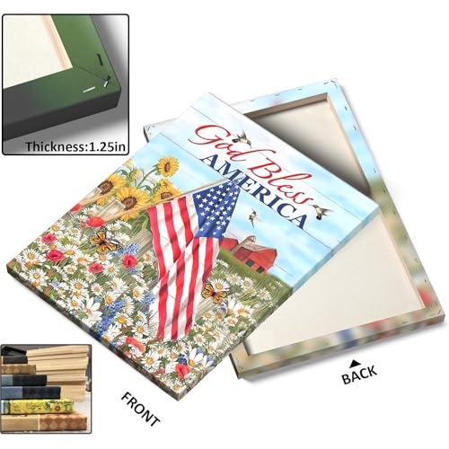 Image of 4th of July America Patriotic Wall Art, God Bless USA Flag and Daisy Field with Farm and Butterflies Print, Summer Country Poster Framed Vintage Wall Decor for Living Room and Entryway 24x30inch