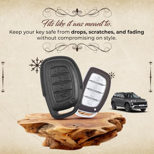 Image of Keyzone Vintage Leather Key Cover Compatible for Hyundai Alcazar, Creta EV, Creta 2021 Onwards 4 Button smart Key. (VL- Black)
