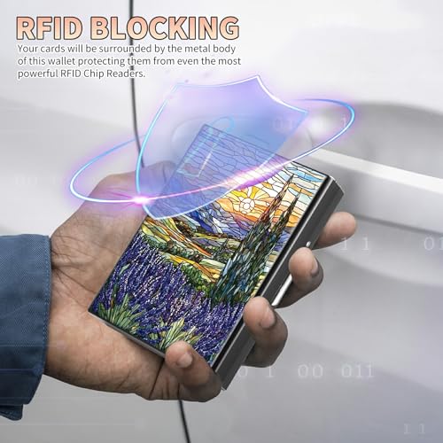 Image of Slim Credit Card Holder, Stained Glass Lavender RFID Blocking Metal Wallet for Men & Women, Aluminum Minimalist Hard Case Pocket-Sized Business Cards Organizer (Fits Up to 10 Cards)