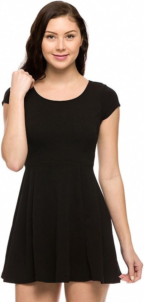 Sassy Apparel Womens Round Neck Cap Sleeve Fit and Flare Skater Skirt Dress (Large, Black)