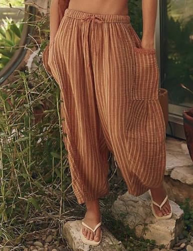 Womens Striped Lantern Harem Pants Elastic Drawstring Lounge Palazzo Pants Trousers with Pockets3