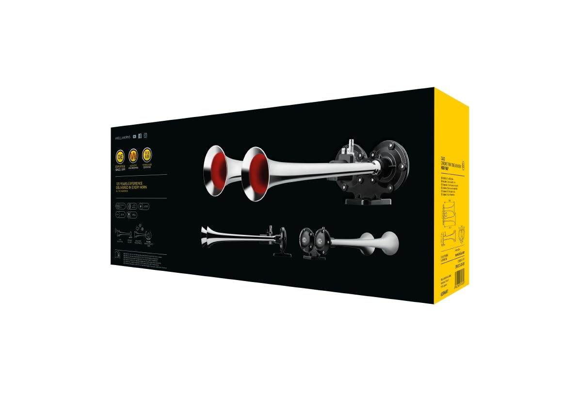 HELLA Drucklufthorn - Fanfare - CA32 - 12V - 115dB(A) - 370Hz-415Hz - Tiefton/Hochton - elektrisch-pneumatisch - ECE - Stecker: Flachstecker - 3PB 013 410-051