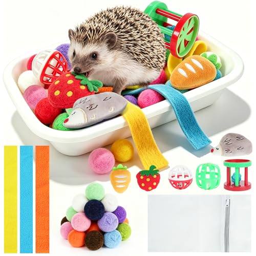 JARJARPLG Hedgehog Toys & Hedgehog Accessories Enrichment Toy Set with Dig Box for Cage Pet Hedgehog Toys with Balls Plush & Fabric Strips Small Animal Supplies for Hamsters Cats & Small Pets