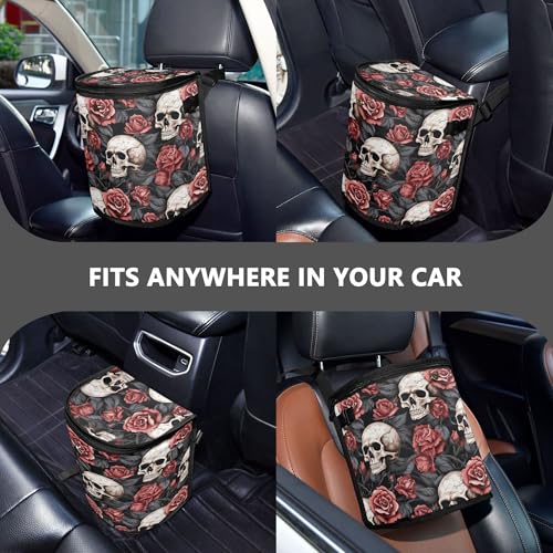 Image of MNSRUU Car Trash Can with Lid, Gothic Skull and Flower Car Trash Bag Hanging Organizers and Storage for Front Back Seat, Leak-Proof Trash Bin